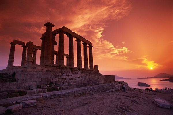 Temple of Poseidon at Cape Sounion at sunset, Athens Greece